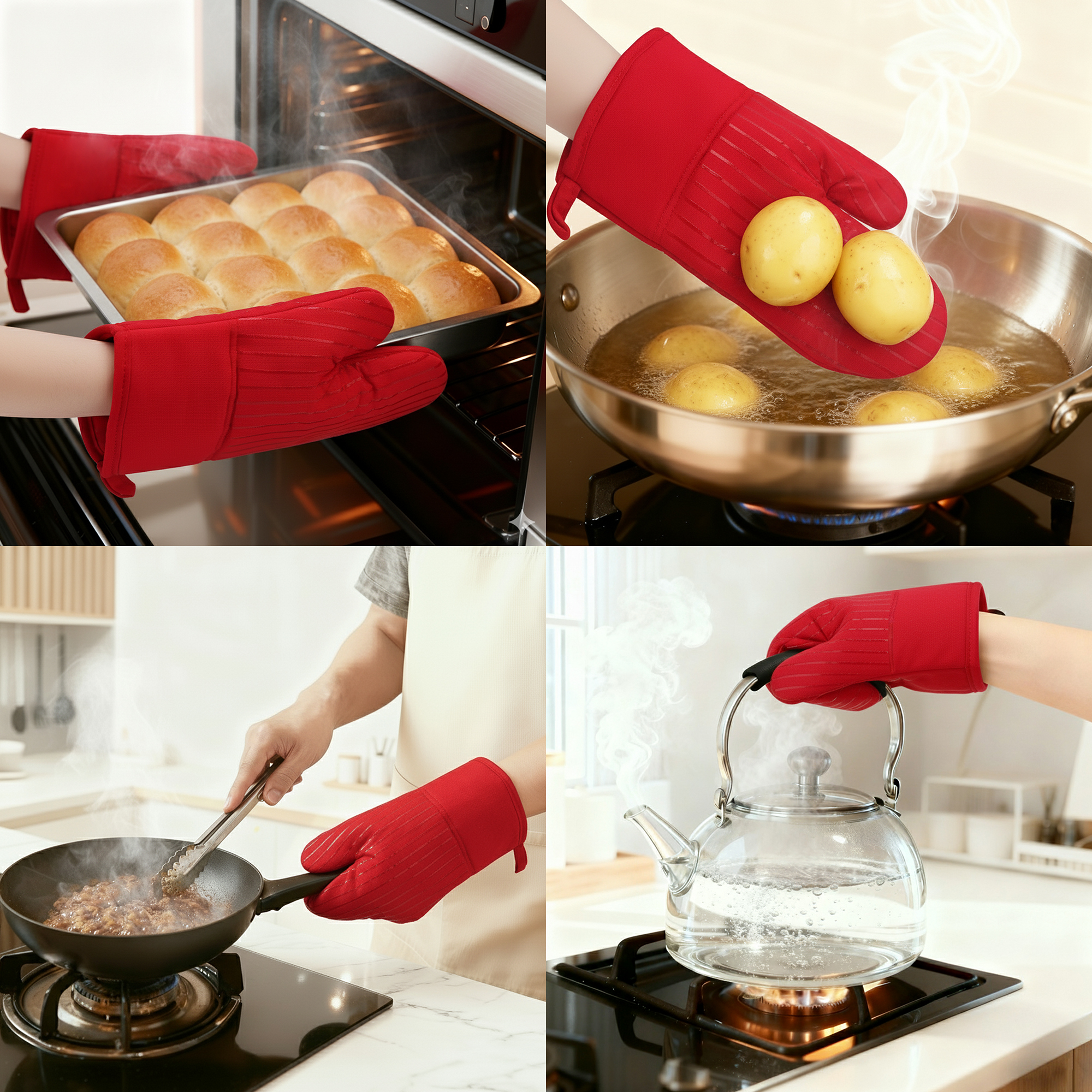 Unique Bargains 2pcs Silicone and Cotton Heat-Resistant  Oven Mitts Red 12.6" x 7.1"