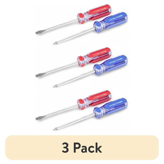 (3 pack) Hyper Tough 2-Piece Acetate Handle Mini Pocket Screwdriver, 4 1/2-inch Screwdriver Set, Includes 1 Phillips & 1 Flat Head