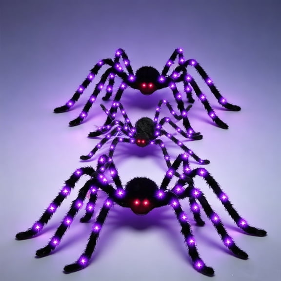 Mskk Halloween Light-Up Spiders Decoration, Purple LED Glowing Giant Plush Spiders, Outdoor Halloween Decor for Porches, Yards, Haunted Houses