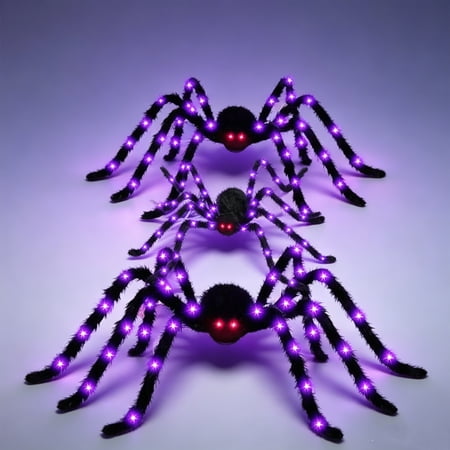 Mskk Halloween Light-Up Spiders Decoration Purple LED Glowing Giant Plush Spiders Outdoor Halloween Decor for Porches Yards Haunted Houses