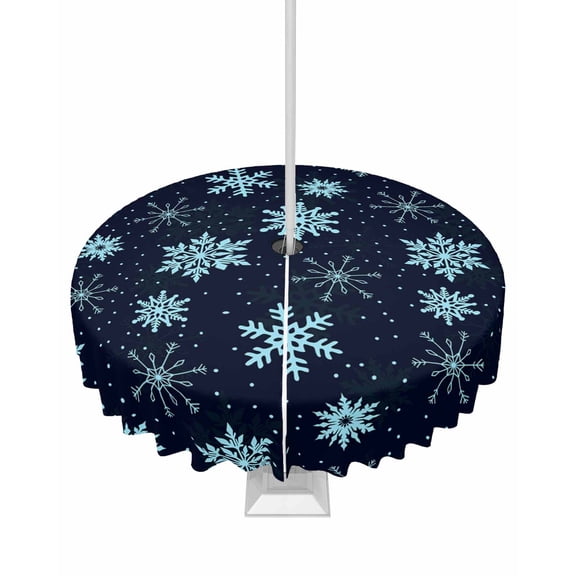 Fsddascl Blue Black Christmas Outdoor Tablecloth - 54 Inch Round Dining Table Cover, Xmas Snowflake Winter Waterproof Outdoor Table Cloth with Umbrella Hole & Zipper for Picnic/Patio/Party