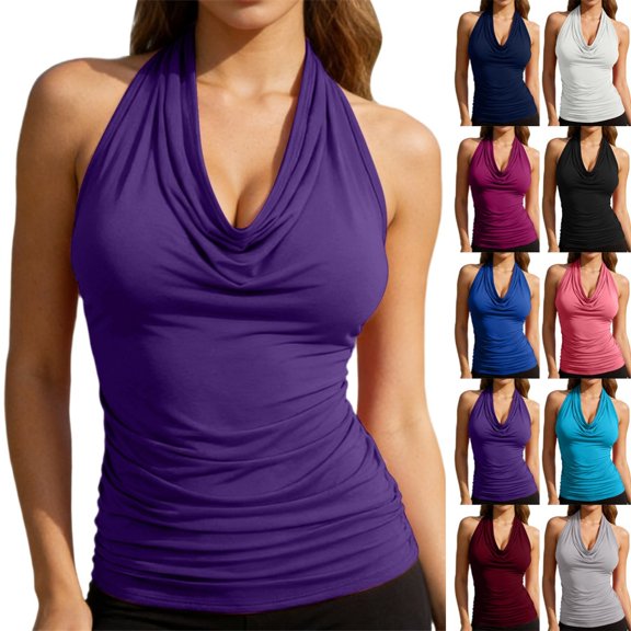 Fgnfyis Womens Tops Women's Casual Summer Sleeveless Neck Draped Front Backless Tank Top Women Tank Tops Purple S