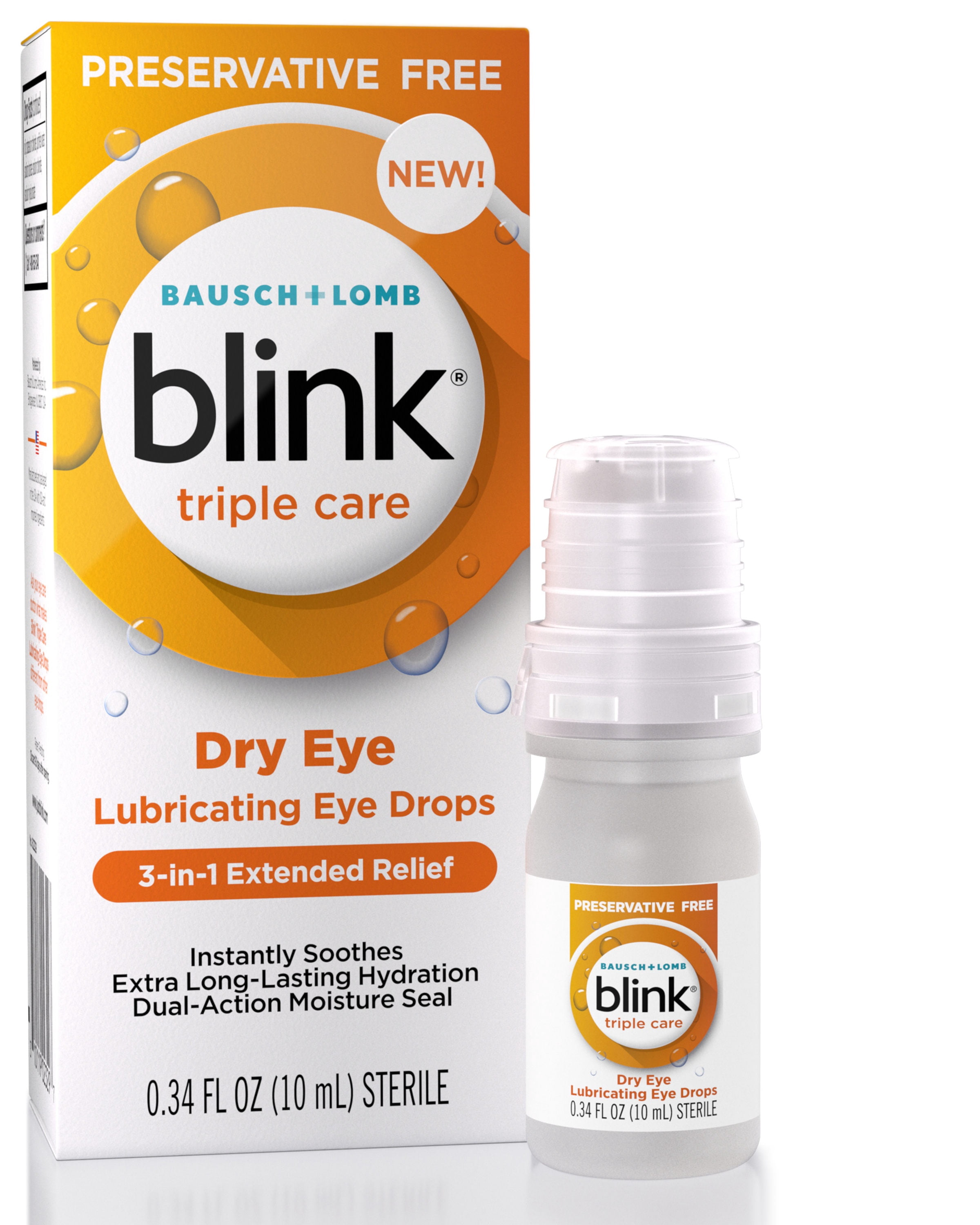 Blink Triple Care Preservative Free Lubricating Eye Drops, 3-in-1 Relief for Dry Eyes with Hyaluronic Acid, 0.34 FL OZ - 3 Pack