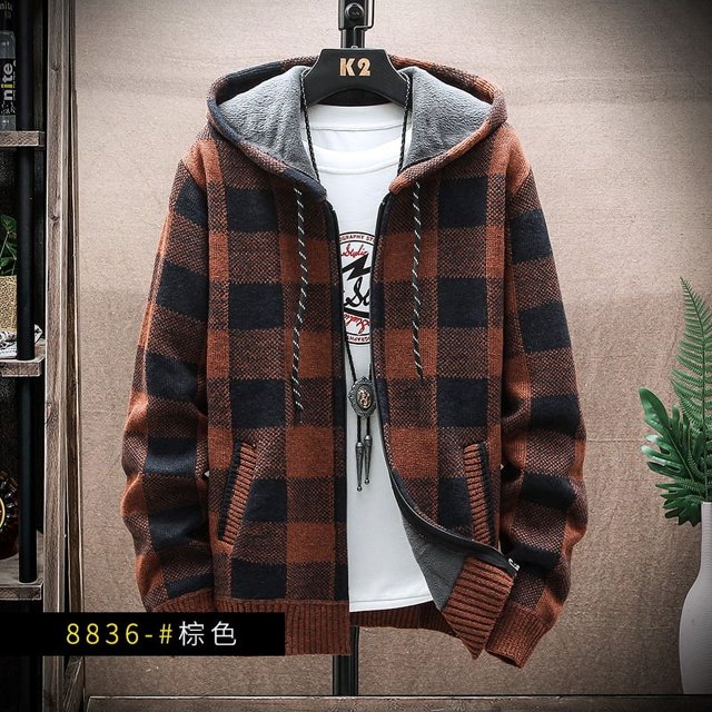 Cárdigan cálido de lana para hombre, suéter a cuadros con capucha, ropa de invierno, abrigo de punto coreano, chaqueta con cremallera completa, puente de moda