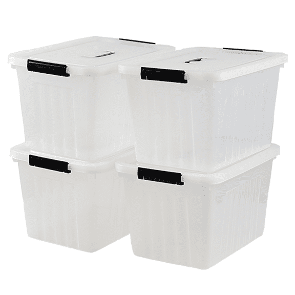 4 Pack 25 L Plastic Latching Container Bin, Clear Lidded Storage Box with Handle