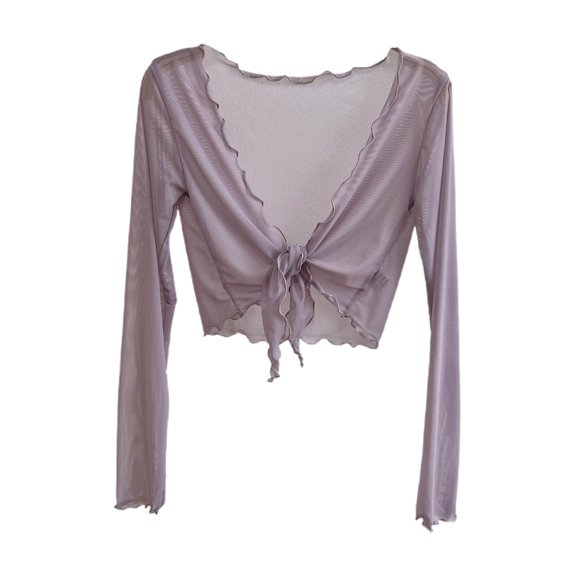 Hfnxid Womens 3/4 Sleeve Shrug Sheer Mesh Bolero Tie Front Cropped Cardigan Tie Front Long Sleeve Capelets Tops