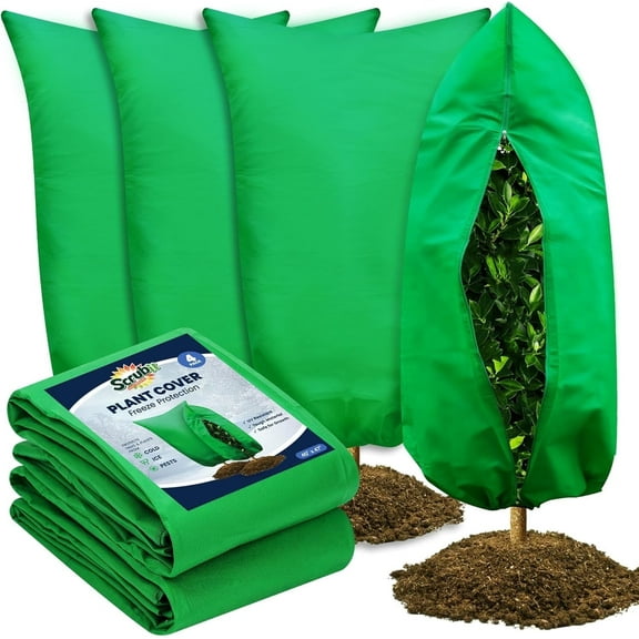 SCRUBIT Plant Covers Freeze Protection, Thick Winter Shrubs Frost Cloth, 40” x 47”, Green, 4-Pack