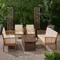 thumbnail image 3 of GDF Studio Navan Outdoor Acacia Wood 8 Seater Sofa Chat Set with Fire Pit, Teak, Cream, and Brown, 3 of 13