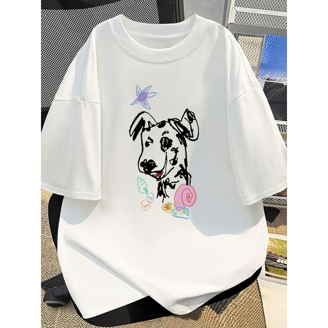 T-Shirt Décontracté pour Hommes avec Imprimé de Chien Dessiné à la Main, 100 % Coton Col Rond Manches Courtes, Ajustement Confortable Légèrement Extensible, Haut de Mode d'Été pour Hommes et Femmes