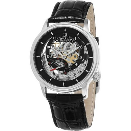 Stuhrling Original Men's Delphi Automatic Skeleton Black Leather Strap Watch