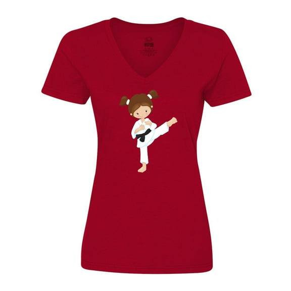 Inktastic Cute Girl, Brown Hair, Karate Pose, Black Belt Women's V-Neck T-Shirt