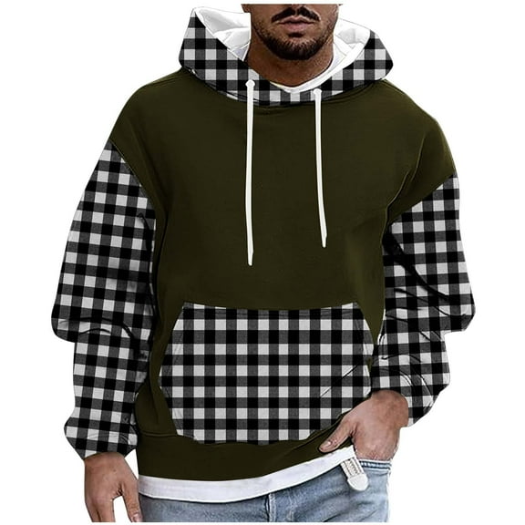 Hoodies for Men Plaid Sweatshirt Men's Fleece Solid Pullover Sweater Leaisure Utility Training Plush Thermal Hoody Coat Round Collar Work Hooded Top Casual Streetwear
