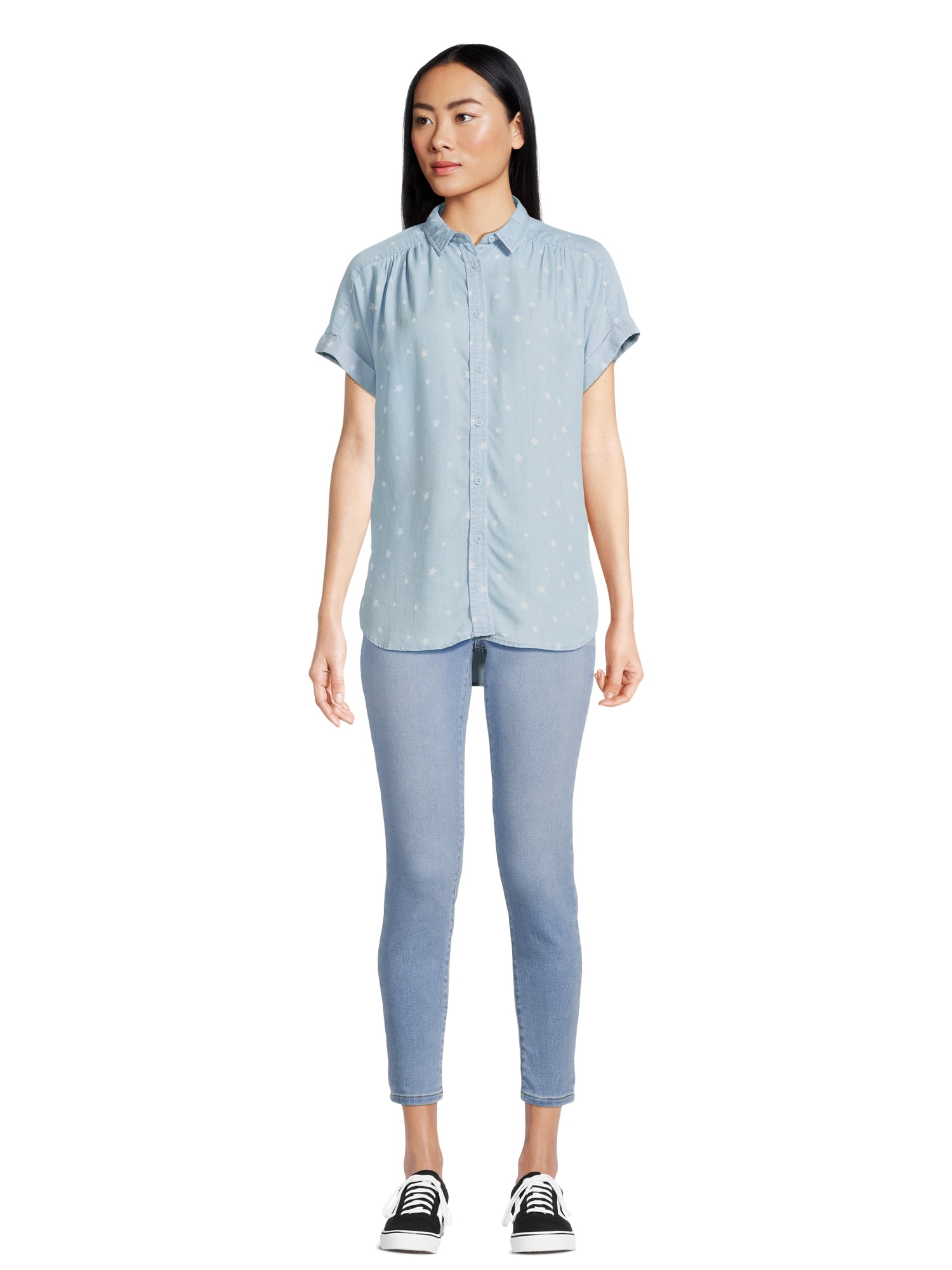 Time and Tru Women's Button Down Camp Shirt with Roll Cuff Sleeves, Sizes XS-XXXL