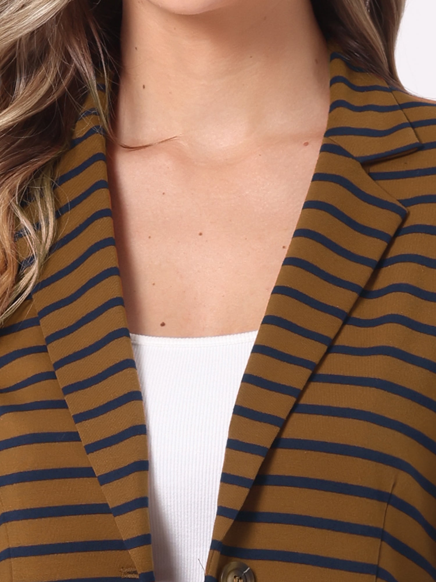 DARING DIVA Women's Striped Notched Lapel Button Closure Blazer M Navy Brown