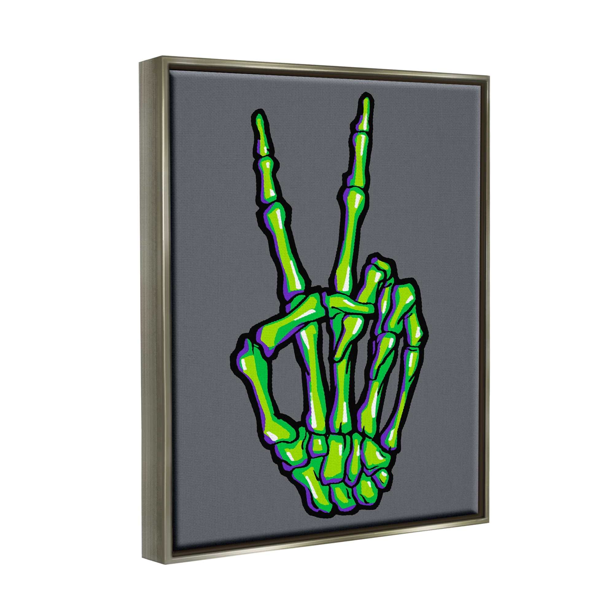 Stupell Industries Green Skeleton Peace Hand Holiday Painting Gray Floater Framed Art Print Wall Art, 17 x 21