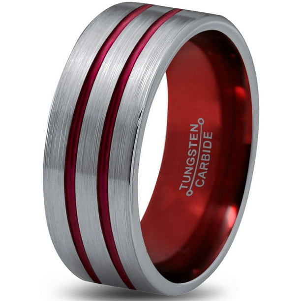 Tungsten Wedding Band Ring 8mm for Men Women Red Grey Flat Double Line Pipe Cut Brushed Polished Lifetime Guarantee