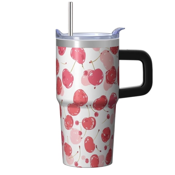 Cherry 20oz Stainless Steel Tumbler with Handle and Straw – Insulated Travel Cup with Sliding Lid, 360° Full Wrap Printed Mug for Home, Outdoor & Sports Use, Fruit