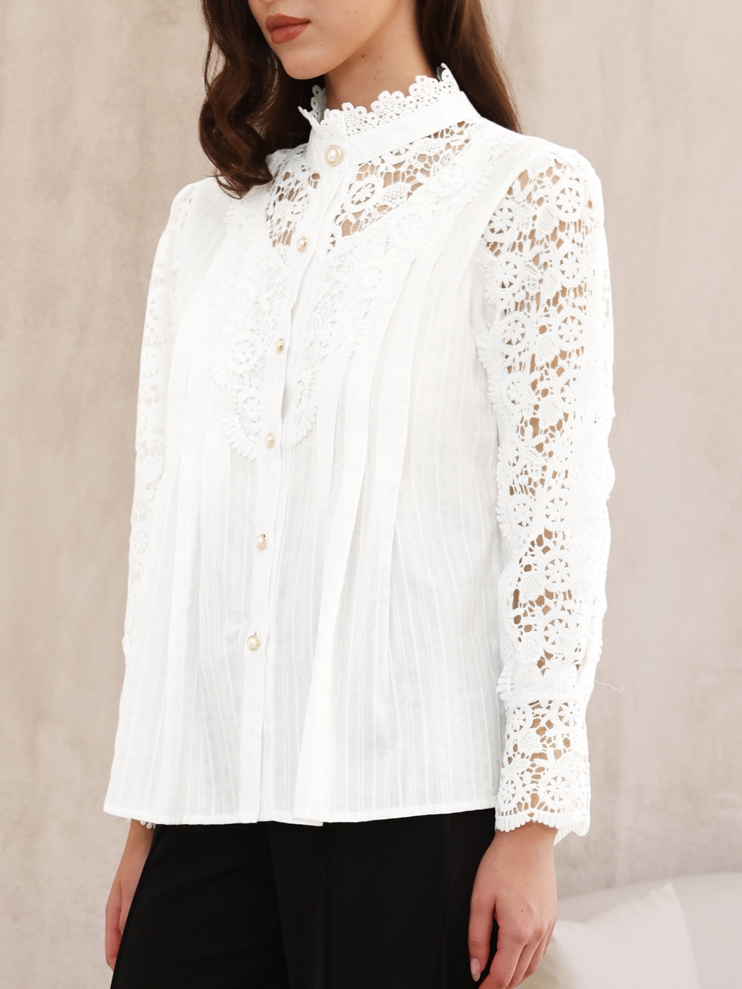 DARING DIVA Women's Lace Trim Top Victorian Long Sleeve Button Down Blouse 2XL White
