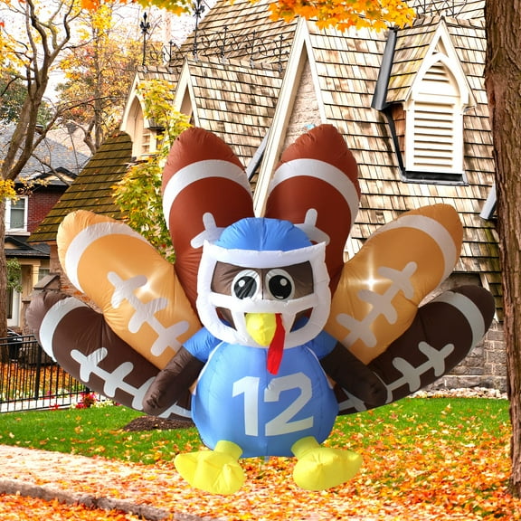 Jumpfly 8FT Long Thanksgiving Inflatables Turkey Decorations Blow up Turkey Inflatable with Built in Led Lights Football Inflatable Turkey Outdoor for Outdoor Garden Lawn Decor