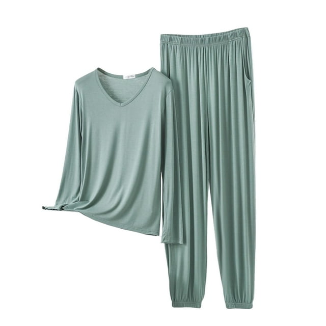 Women Pajama Sets V Neck Long Sleeved Plus Size Home Suit Set For Women Thin Design Solid Color Long Sleeved Pants Two Piece Set Woman Blending Pajamas