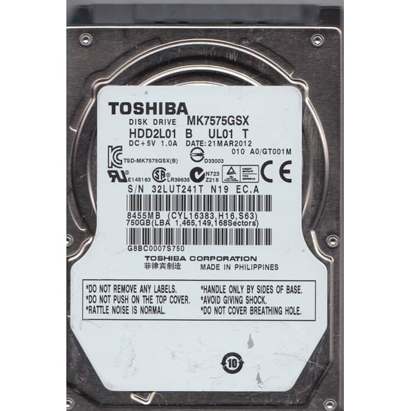 MK7575GSX, A0/GT001M, HDD2L01 B UL01 T, Toshiba 750GB SATA 2.5 Hard Drive
