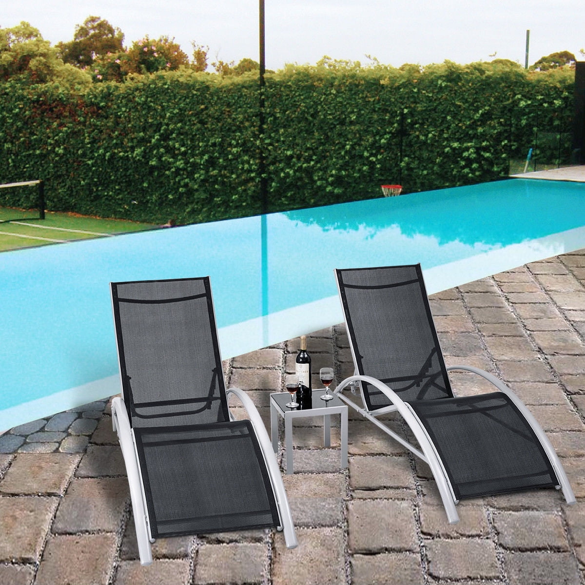 Goplus 3 PCS Outdoor Patio Pool Lounger Set Reclining Garden Chairs Glass Table - Walmart.com