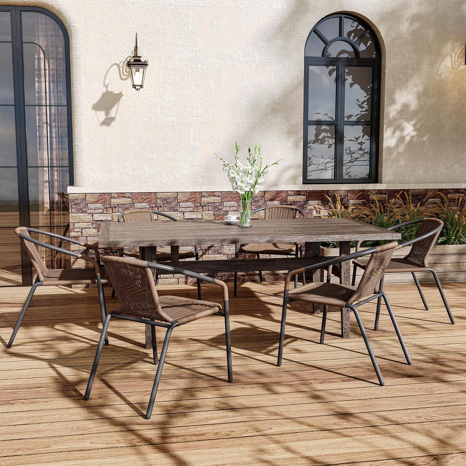 UDPATIO Rattan Outdoor Dining Chairs Set of 6, Wicker Stackable Patio Chairs, for Indoor Restaurant Porch Deck, Brown