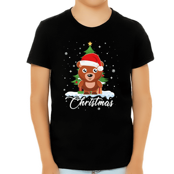 Boys Christmas Shirt Christmas Shirt for Boys Santa Hat Bear Christmas Shirts for Kids