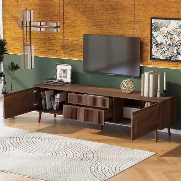 IVV Farmhouse TV Stand for TVs up to 80", Medieval Wooden Media Console with 2 Drawers and Storage Cabinet for Living Room Bedroom, 70.8 Inch, Walnut