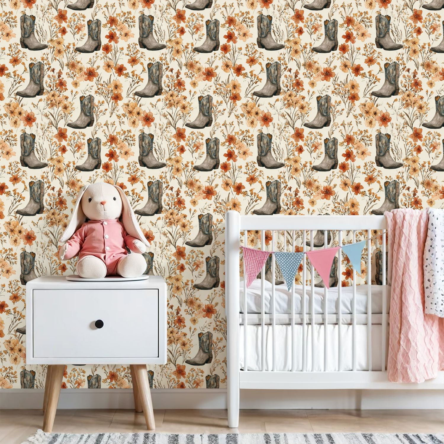 Western Peel and Stick Wallpaper Cowboy Boots Floral Bouquet Warm Earth Tones Wall Mural 23.6in x 9.8ft Self Adhesive Removable Wall Paper Renter Friendly Wallpaper for Nursery Bedroom Cabinets