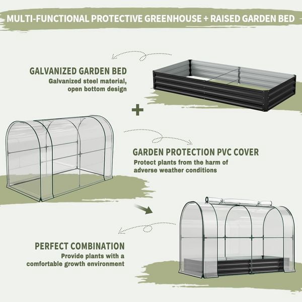 SLSY Galvanized Raised Garden Bed with PVC Cover,Metal Planter Bottomless Box w/ Roll-Up Window,Mini Greenhouse Tent for Vegetables Flower Fruit