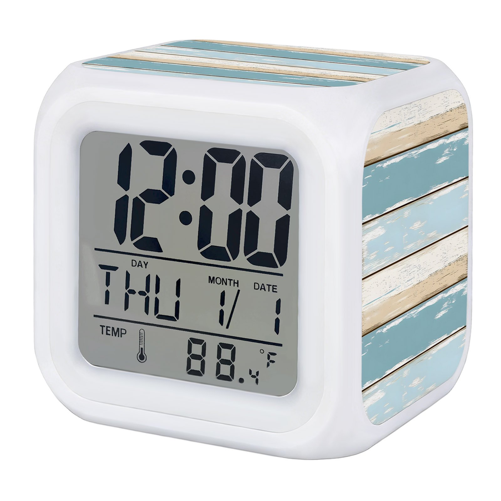 Blue Beige Wood Grain Alarm Clock, Vintage Board Farmhouse Retro Digital Clock Night Light with 7 Color, Calendar Temperature Display, LED Desk Small Clock for Bedrooms Bedside Living Room