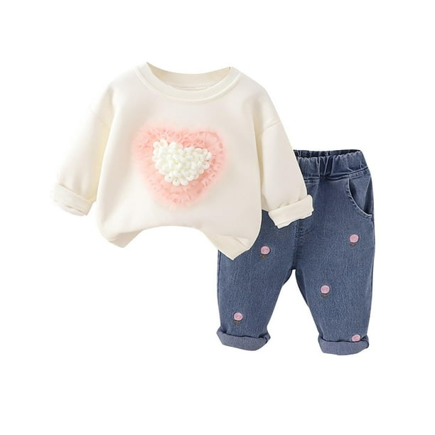 Odeerbi 1-7 Años Niñas Día de San Valentín Trajes de Algodón de Manga Larga Sudadera Jeans Conjunto de Dos Piezas Holgada Cintura Elástica Pantalones de Mezclilla