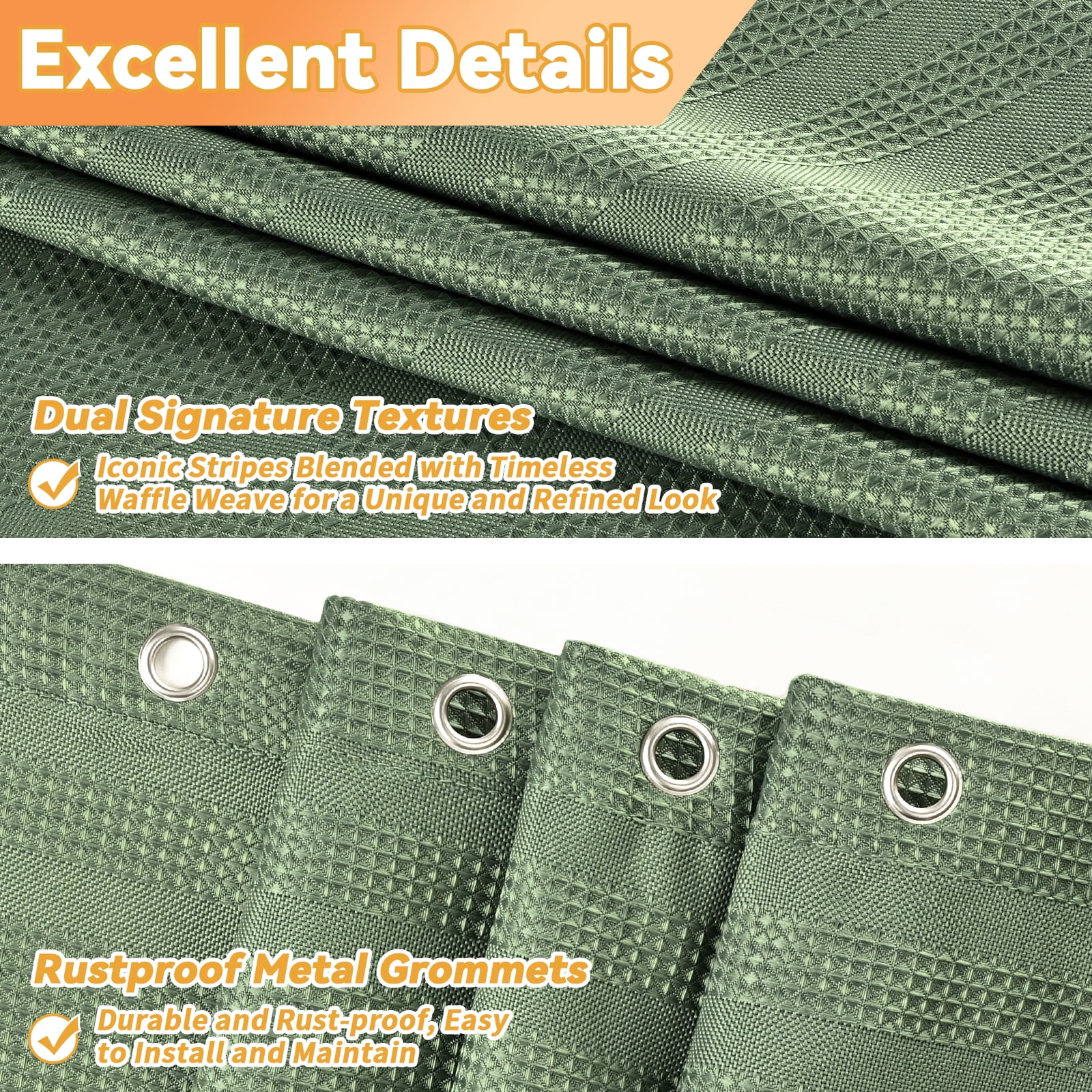 FRAMICS Waffle Weave Shower Curtain Sets with Rug, 14-Piece Striped Bathroom Sets with Hooks, Hotel Grade Heavy-Duty Waterproof Fabric, Sage Green, 71.3" x 71.3"
