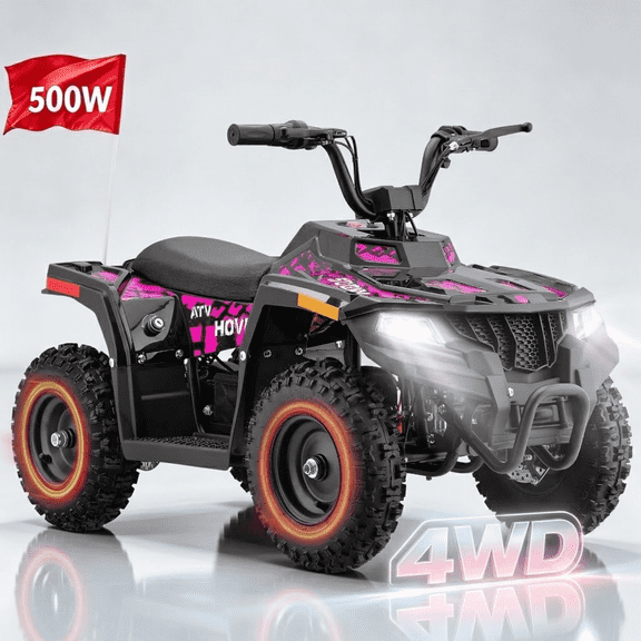 IVFJFV 36V 500W Electric Four Wheeler Off-Road Ride On,Dual Speed 10/15MPH,Dual Shock Absorbers,Disc Brake,LED Headlight,Max Load 143LBS, Safety Flag & Emergency Stop Switch,PINK