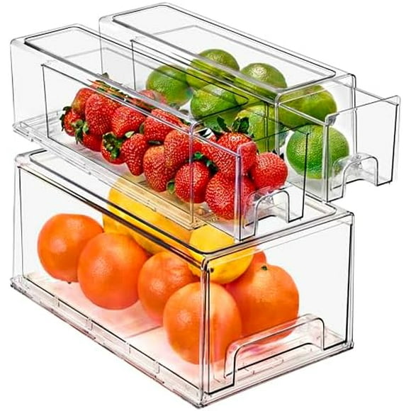 Fridge Drawers - Clear Stackable Pull Out Refrigerator Organizer Bins - Food Storage Containers for Kitchen, Freezer, Vanity & Fridge (3 Pack | 1 Large, 2 Small Stackable Drawer Bins) Transparent 3