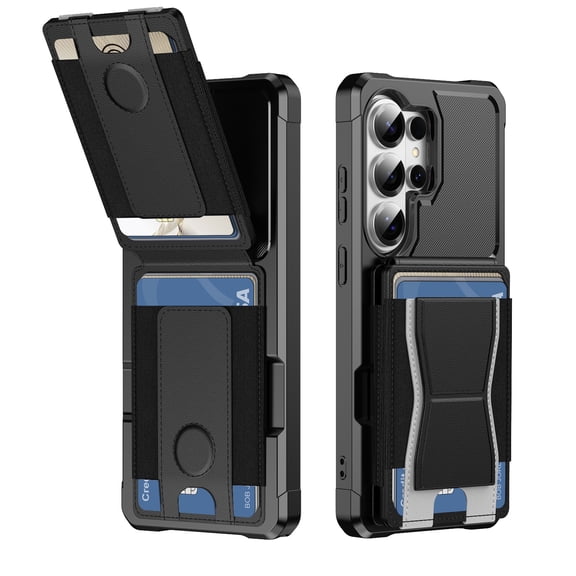 Poweltek Back Wallet Card for Samsung Galaxy S26 Ultra, Shockproof Card Holder Kickstand Heavy Duty Protection Phone Cover, Black