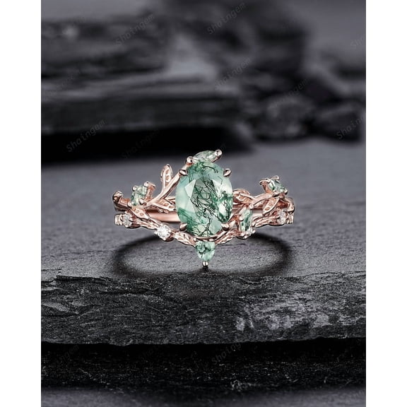 Nature Inspired Moss Agate Leaf Engagement Ring Set, Oval Shape Mossy Agate Rose Gold Wedding Set, Twig Branch Bridal Set Anniversary Ring