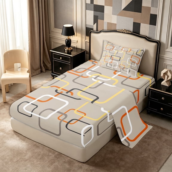 Castle Fairy Mid Century Square Frame Twin Sheets 3pcs,Retro Overlapping Geometric Bedding,Taupe Orange Yellow,1 Flat Sheet, 1 Fitted Sheet and 1 Pillowcase