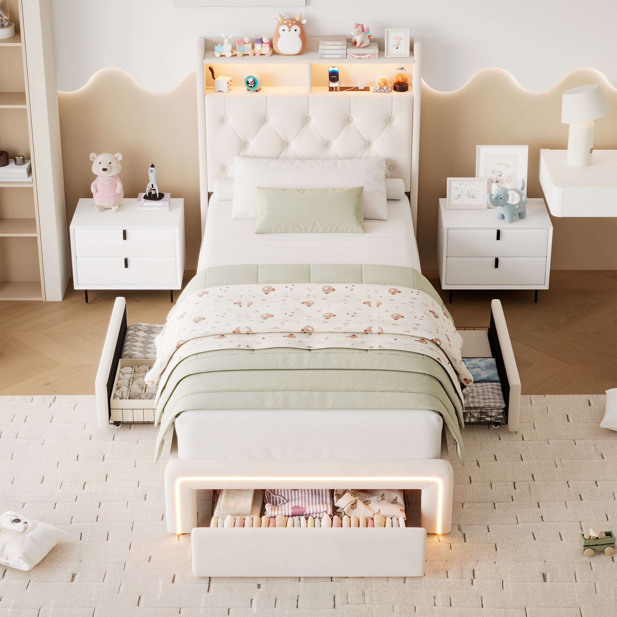 BSHTI TWIN Size Beige Velvet Upholstered Platform Bed Frame with LED Storage Headboard, Charging Station, Underbed Drawers, Tufted Design, No Box Spring Needed, Modern Bedroom Furniture (Beige)