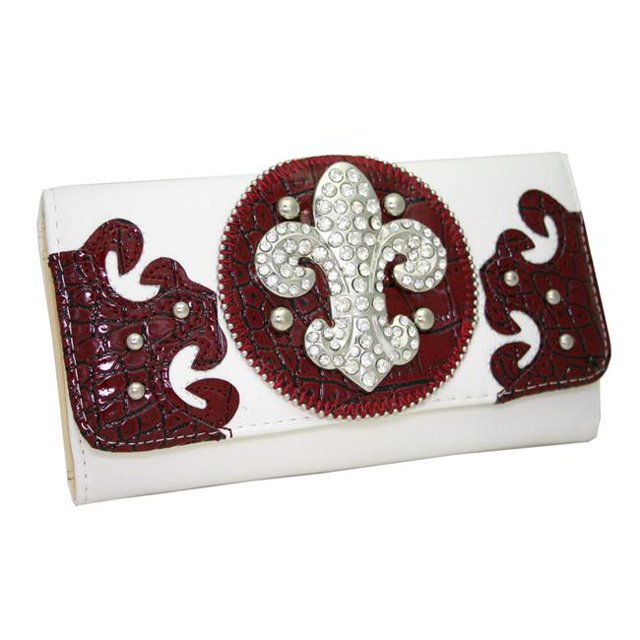 7.5 x 4.5 in. Western Rhinestone Fleur De Lis Trifold Wallet, White
