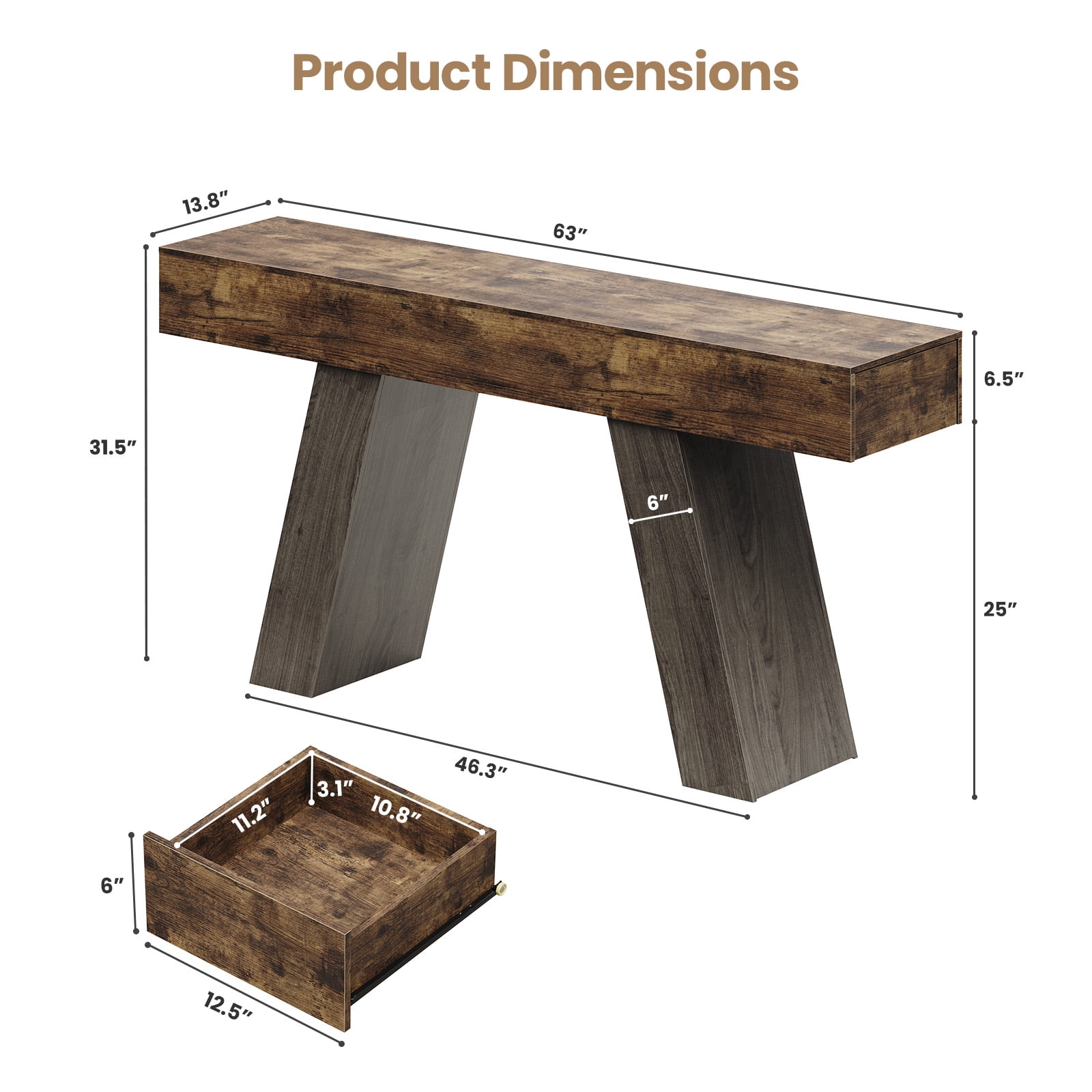 Advwin 63" Console Table with Storage Drawers, Extra Long Sofa Table for Entryway or Behind Couch, Farmhouse Narrow Hallway Table with Floor Protection Pads, Rustic Brown+Charcoal