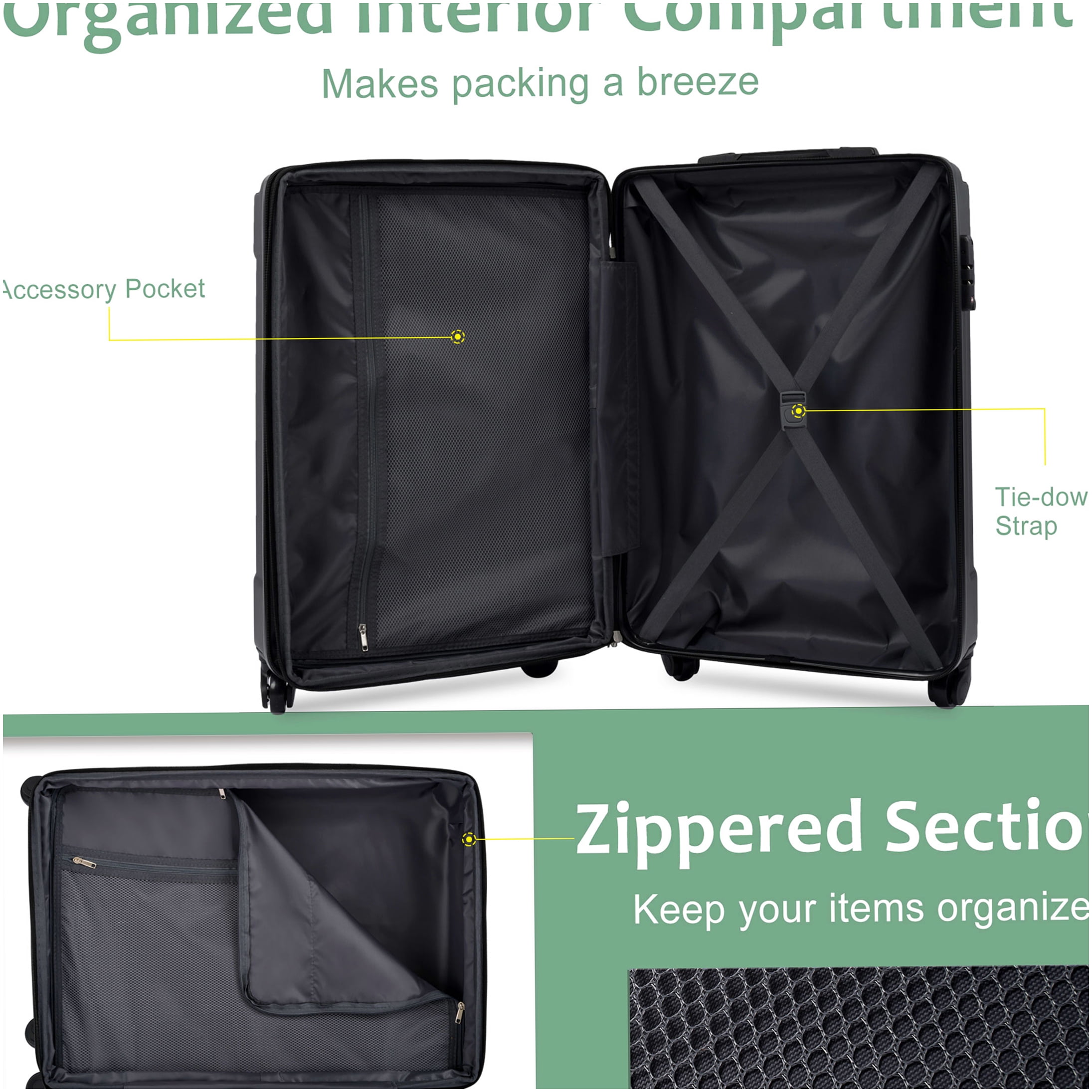 20 Inch Habshell Carry On Suitcase with Spinner Wheels, TSA Lock & Packing Cubes, Lightweight Durable ABS Luggage in Creamy Green