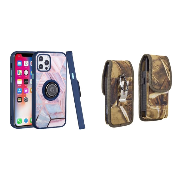 Bemz Ring Series Case for iPhone 14 Plus (TPU Silicone Cover with Magnetic Stand) and Vertical Rugged Nylon Belt Holster Pouch (Blue on Pink Marble/Camo)