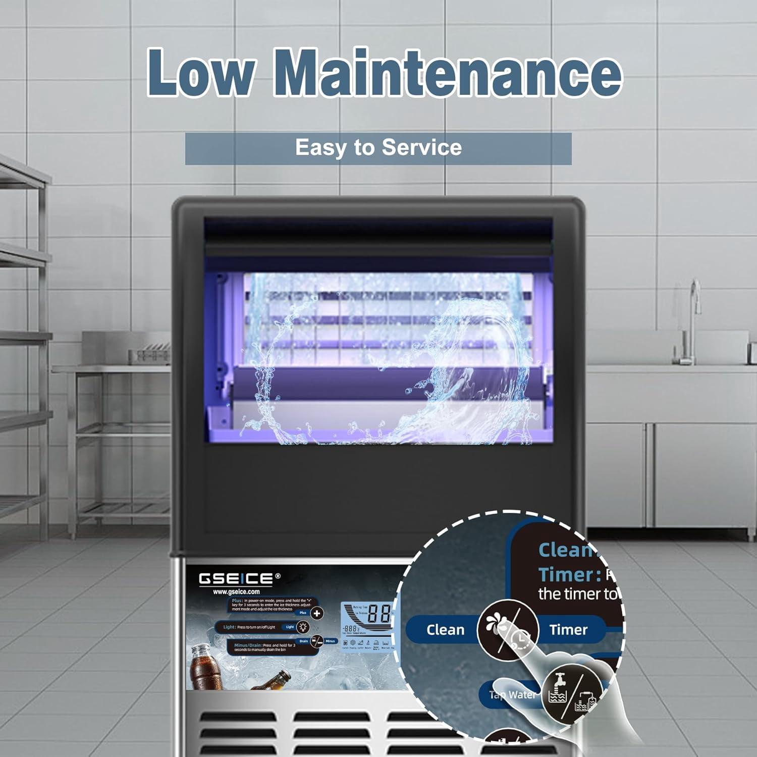 GSEICE ETL-Certified Commercial Ice Maker Machine 100Lbs/24H, Freestanding Fast Business Ice Maker, Self-Cleaning Ice Machine with LED Display for Bar, Office, Cafe, Hotel