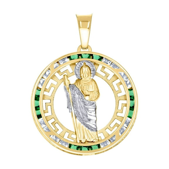 14k Yellow Gold Unisex Green White Princess-cut Cubic Zirconia St. Jude Religious Pendant Necklace 35x25.2mm Wide Pendan