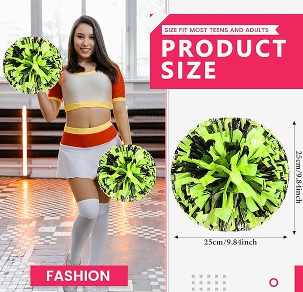 EONQY 8 Pcs Cheerleading Pom Poms Cheerleader Squad Spirited Fun Pompoms 10 Inch Metallic Foil Cheer Pom Poms with Handle Flowers for Sport Team Dance Party