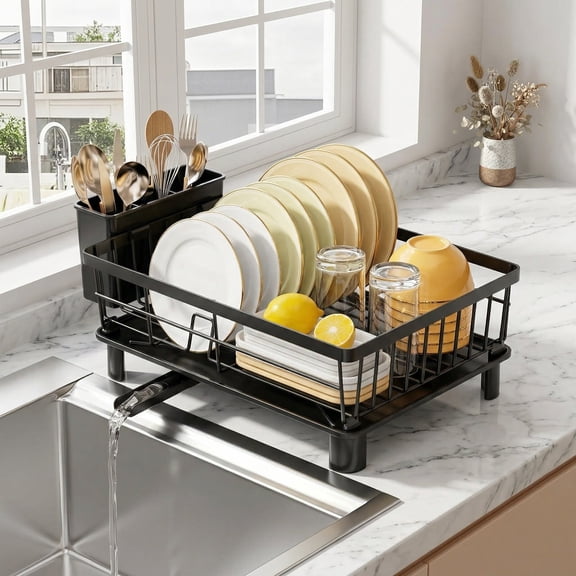Dish Drying Rack, Dish Drying Rack for Kitchen Counter, Large Compact Dish Rack with Drainboard,Dish Drainer with Utensil Holder for Sink,Black Dish Rack