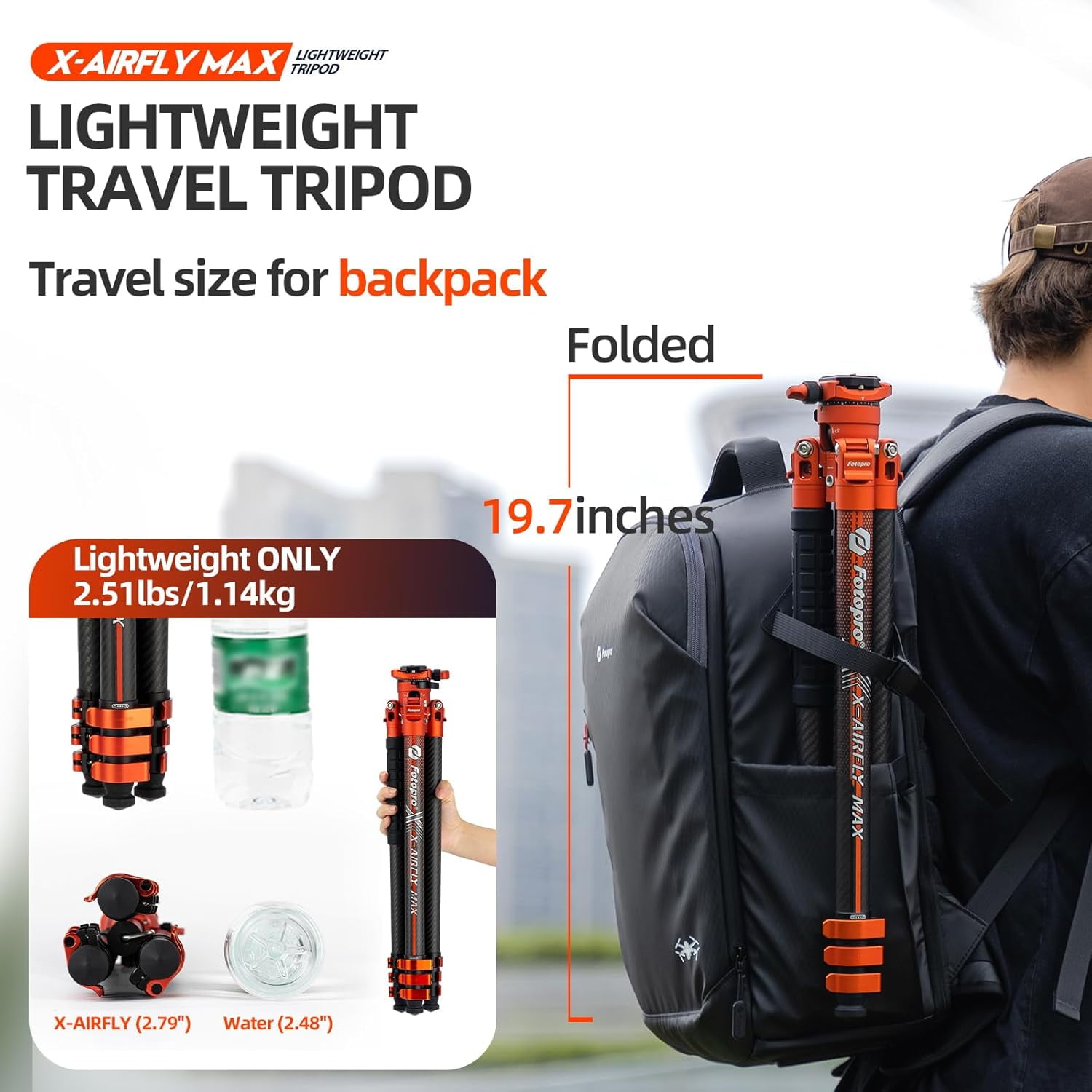 Fotopro X-Airfly Max 65.4" Carbon Fiber Ball Head Tripod, Detachable Monopod, Lightweight Compact Camera Tripod Stand for Travel, Low Angel Shooting, Hidden Phone Clip, Max Load 22 lbs, Orange