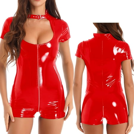 

YONGHS Women Open Front Metallic Leather Lingerie Bodysuit Zipper Up Short Jumpsuit S-4XL